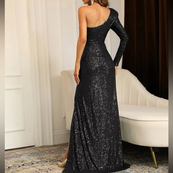 Luxe black one shoulder slit thigh party formal evening holiday sequins dress - Picture 4 of 7